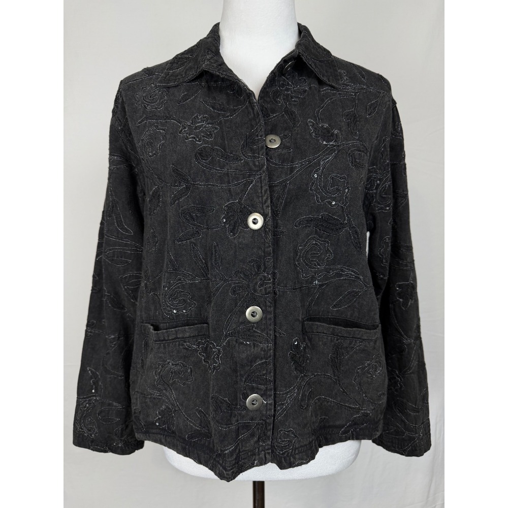 Chico's Design Women's Embroidered Jacket Size 0 (4) Black Floral Sequin Cotton‎